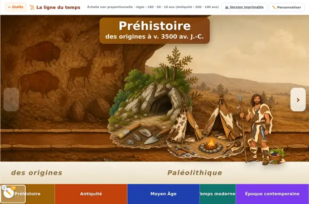 La ligne du temps interactive de MaMalette, ouverte sur la Préhistoire, avec les cinq périodes en bas de l'écran