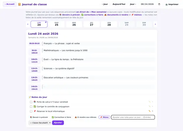 Le journal de classe de MaMalette : les séquences du semainier heure par heure et les notes du jour à cocher